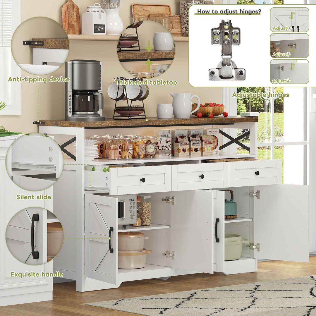 00+Sideboard 140cm Rustic White Storage Cabinet with 3 Drawers for Kitchen, Living Room VERTEXVAEL