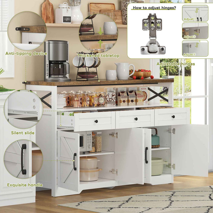 00+Sideboard 140cm Rustic White Storage Cabinet with 3 Drawers for Kitchen, Living Room VERTEXVAEL