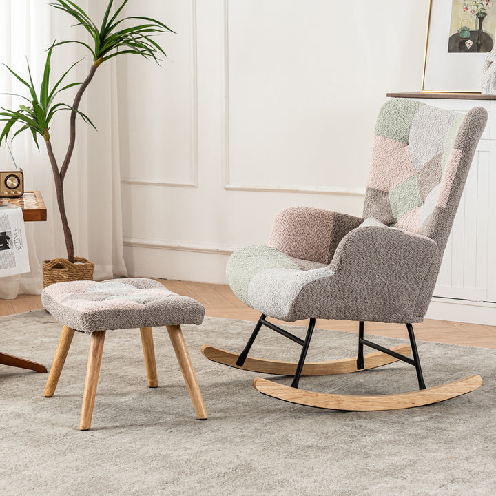 Patchwork rocking chair with footstool, bouclé fabric accent chair with wooden legs and cushion RECTRIX