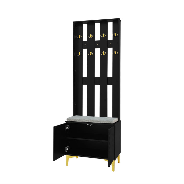 Black wooden entryway coat hanger, bench and cushion, and shoe cabinet TERMITEMOUND