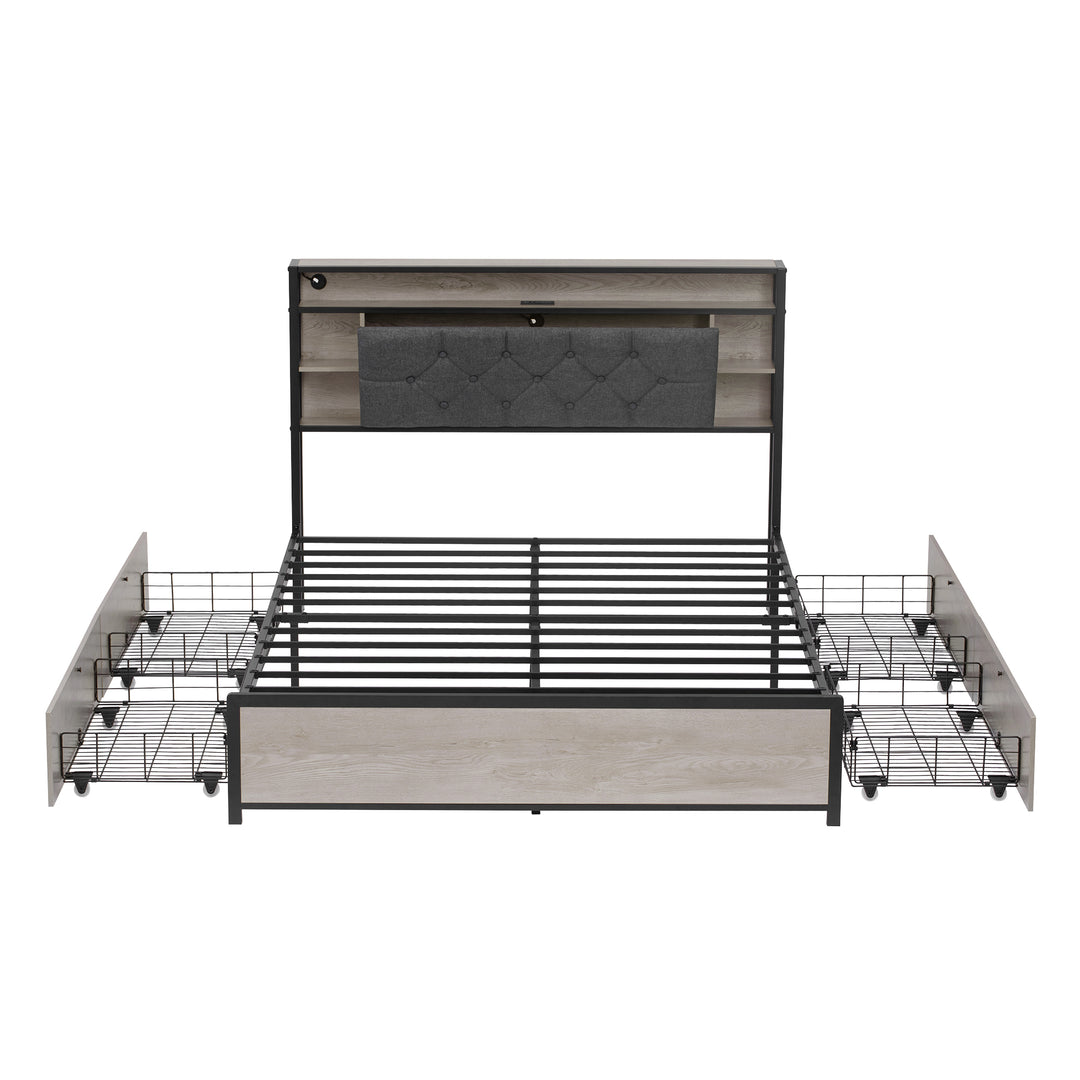 Grey metal double bed frame shelves with LED lighting (135x190cm) PHYTOSID
