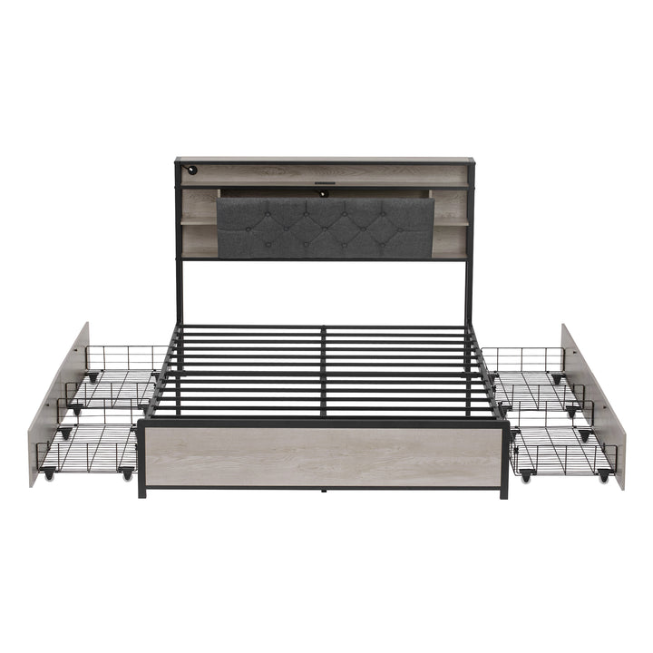 Grey metal double bed frame shelves with LED lighting (135x190cm) PHYTOSID