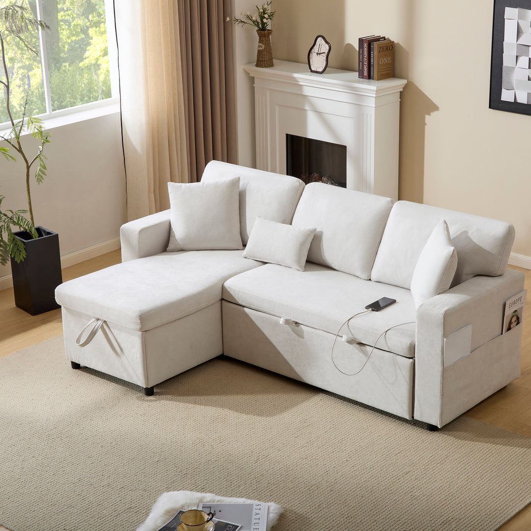 Beige 3-seater corner sofa bed with side shelf and USB ports ANTCOLONY UK