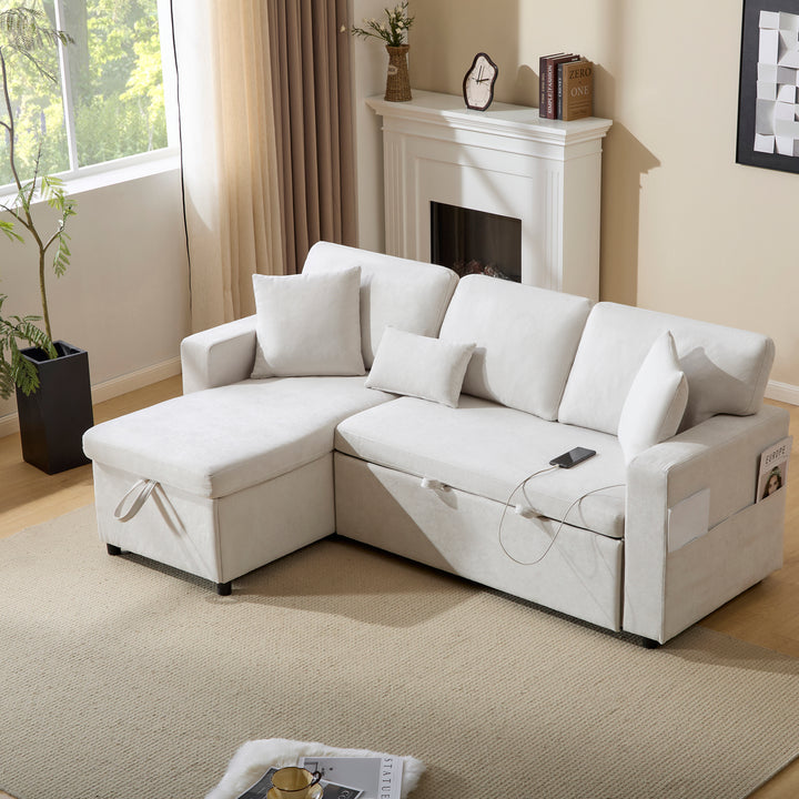 Beige 3-seater corner sofa bed with side shelf and USB ports ANTCOLONY UK