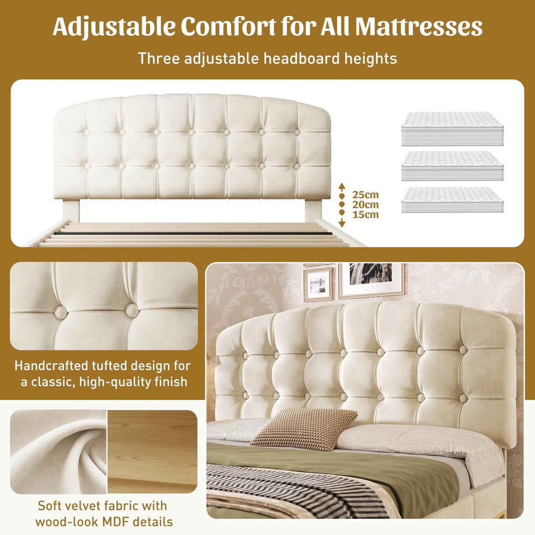 Double Bed Frame with Storage Drawers Velvet Upholstered, 135x190cm, Beige, No Mattress BEDRESIN
