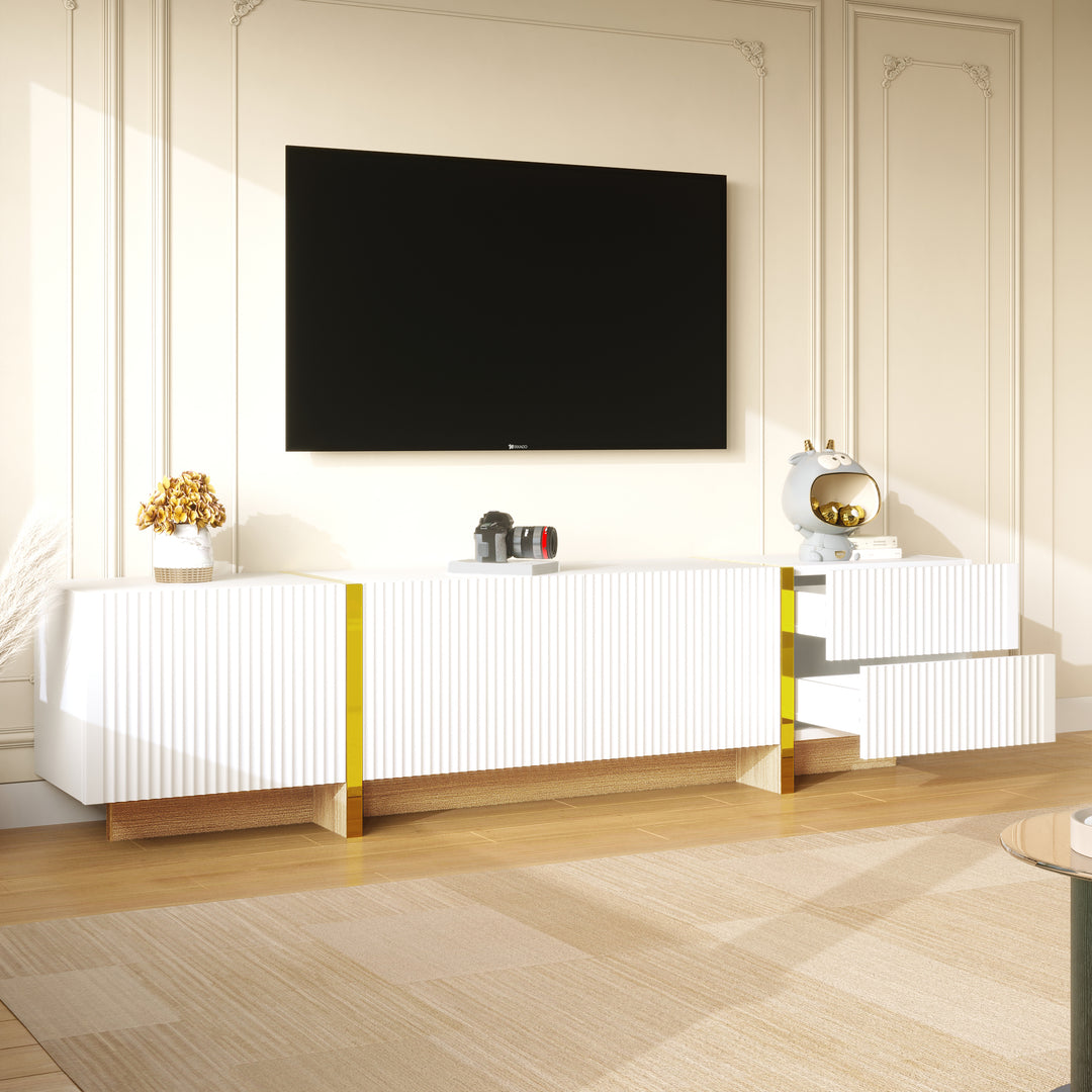 White fluted TV cabinet 3 doors, 2 drawers 190cm gloden accent CONNECTIV