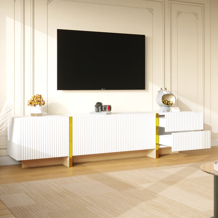 White fluted TV cabinet 3 doors, 2 drawers 190cm gloden accent CONNECTIV