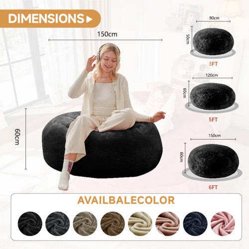Giant black round bean bag sofa with soft plush cover 150cm ZENITHINE
