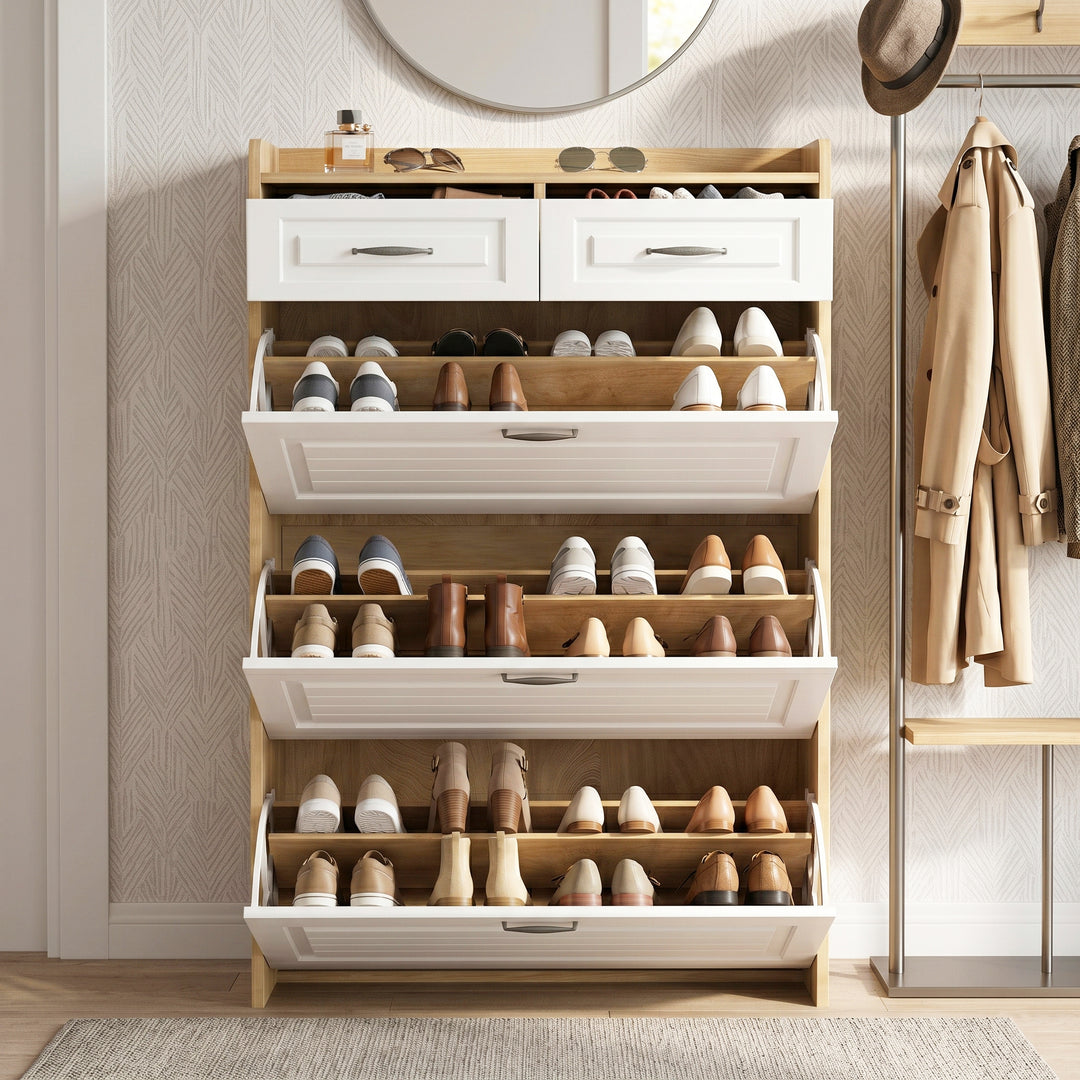White shoe cabinet with 3 flip doors & 2 drawers 80x23.5x131cm ELEGANT TRAY ART