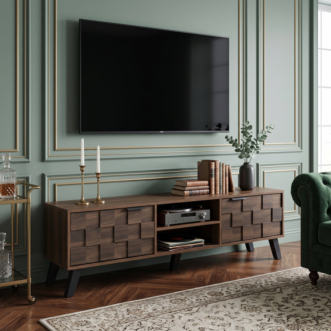 Walnut wooden TV cabinet vintage geometric pattern with 2 doors CONSOLEPRO
