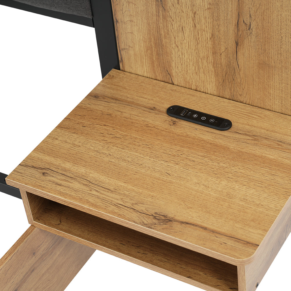 Double Oak Wooden Platform Bed with Storage Bench, Lamps and Charging Station 150x200cm URBANWICKERMAX