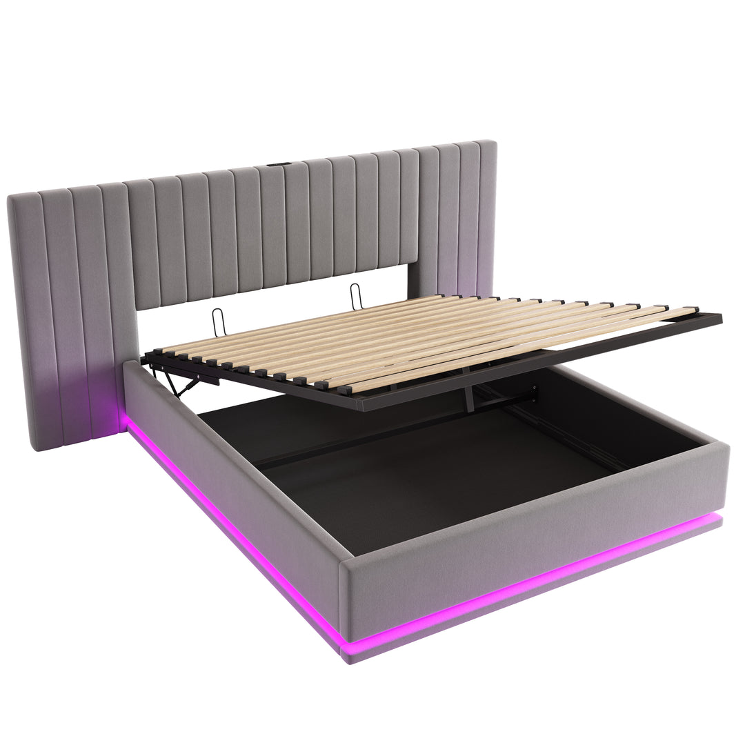 Grey velvet king ottoman bed end opening with LED lighting and charging station (150×200cm) REMEDIAT