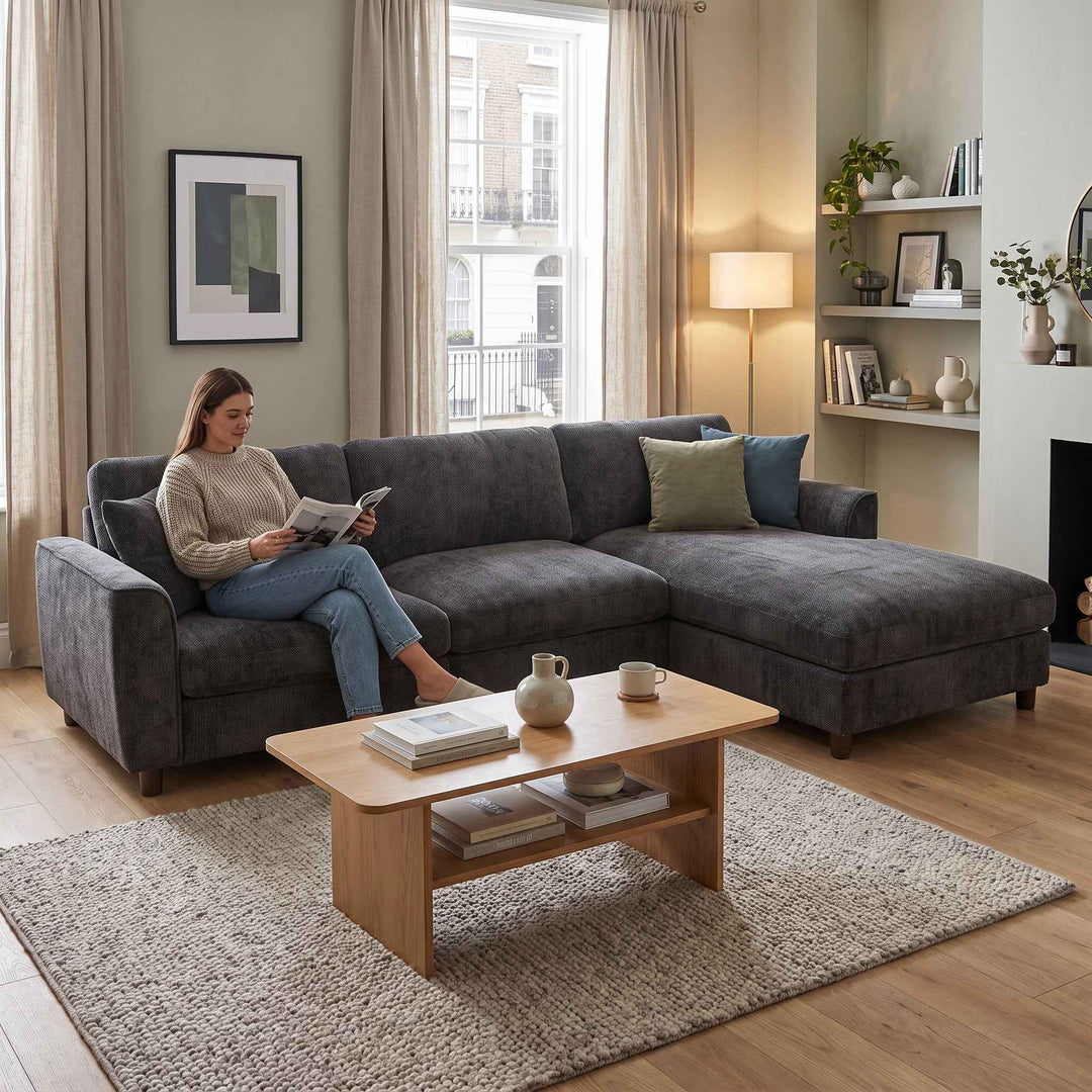 L-shaped 3-seater corner sofa, reversible chaise, chenille dark grey 256cm QUADSOFA
