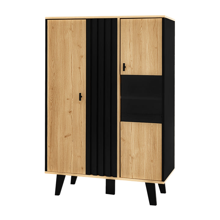 00+Sideboard black & wood with LED lighting and glass doors PROTONEM