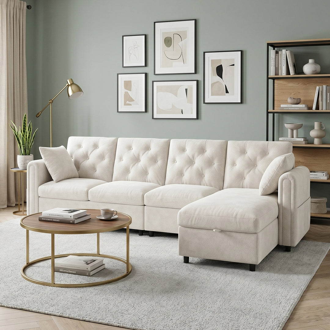 Modern L-shaped 3-seater velvet beige sectional sofa with storage chaise 281x132x86cm ELEGANT STEEL LINE
