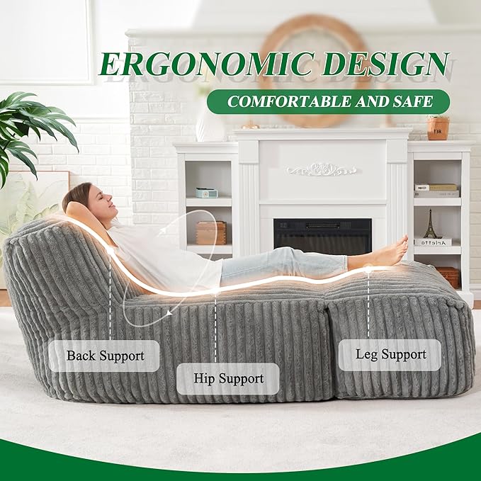 Comfy grey ribbed corduroy lazy sofa bean bag & ottoman set MYSTERIS