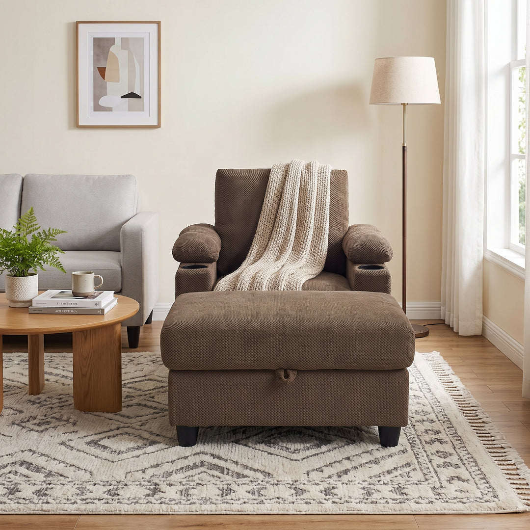 Multi-Functional Brown Corduroy Single Sofa with Adjustable Back and Hidden Storage Ottoman WOODORGANIZER