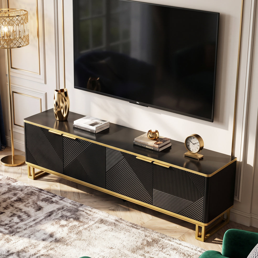 Luxury geometric texture TV stand, black & gold finish 4 doors CONCRETECURTAIN