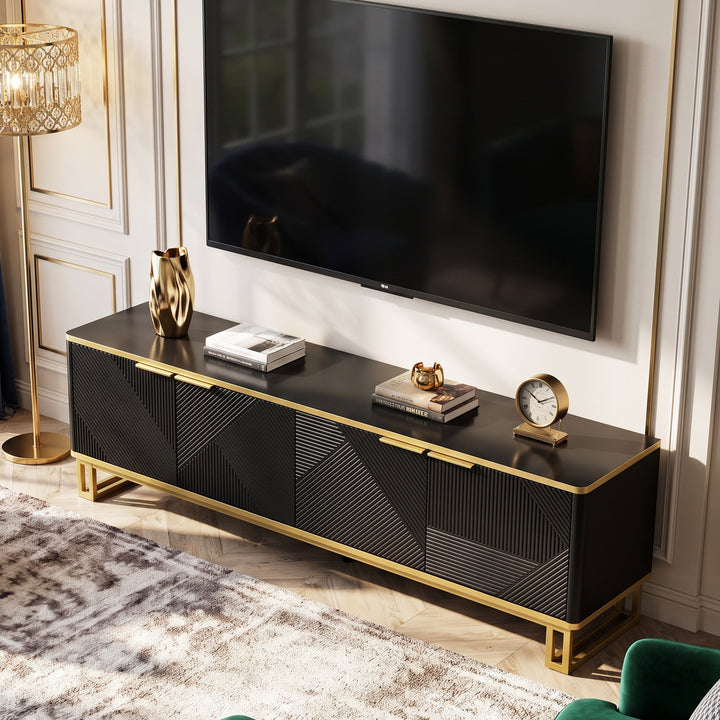 Luxury geometric texture TV stand, black & gold finish 4 doors CONCRETECURTAIN
