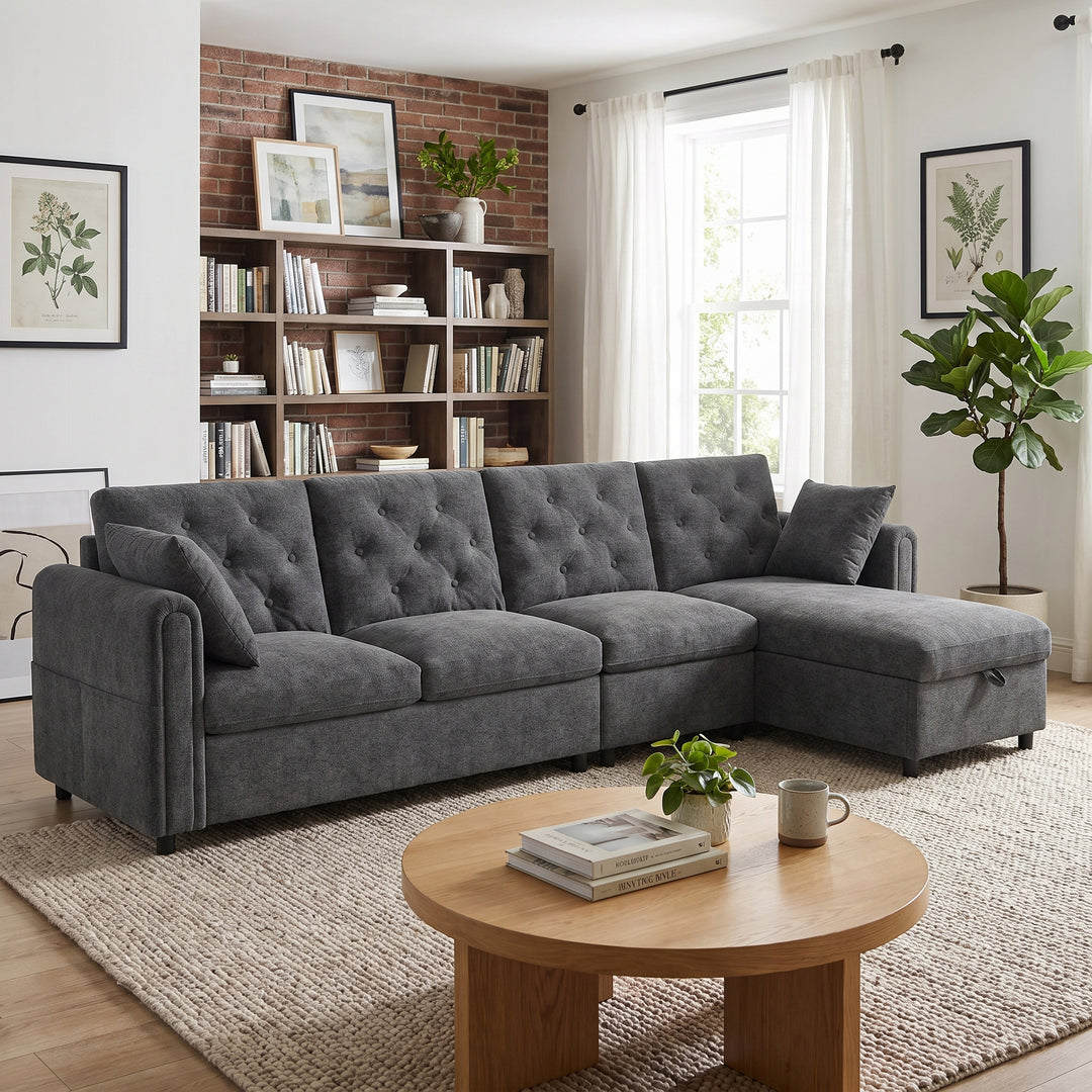 Modern L-shaped 3-seater velvet grey sectional sofa with storage chaise 281x132x86cm ELEGANT STEEL MAX