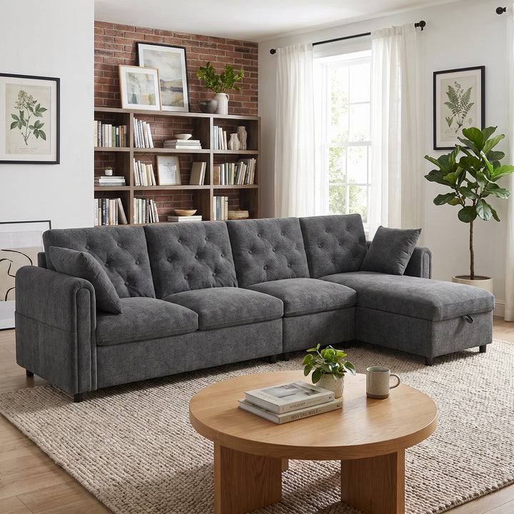 Modern L-shaped 3-seater velvet grey sectional sofa with storage chaise 281x132x86cm ELEGANT STEEL MAX