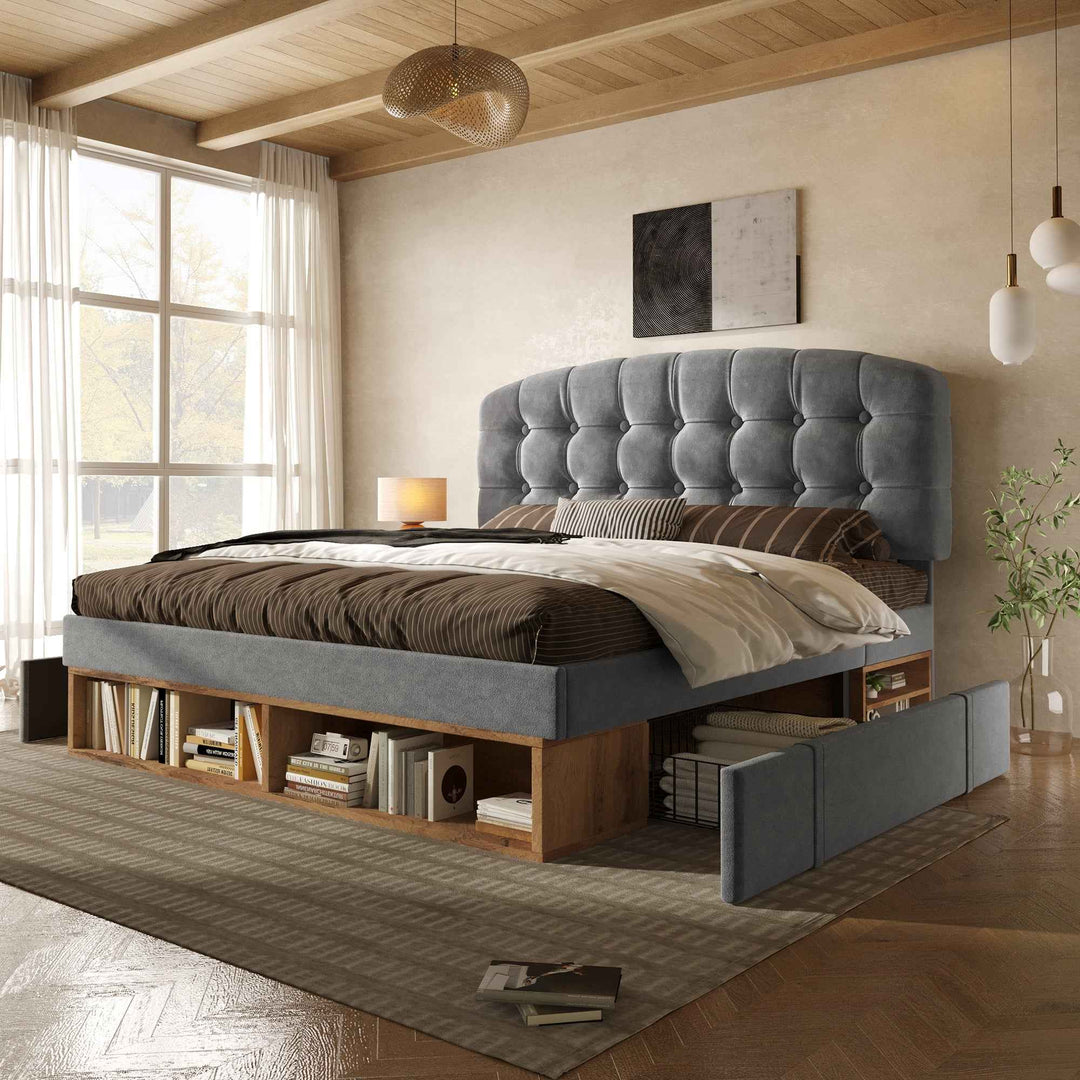 Double Bed Frame with Storage Drawers, Adjustable Headboard, 4ft6, Velvet Upholstered, Grey, 135x190cm, Space-Saving Design for Bedroom