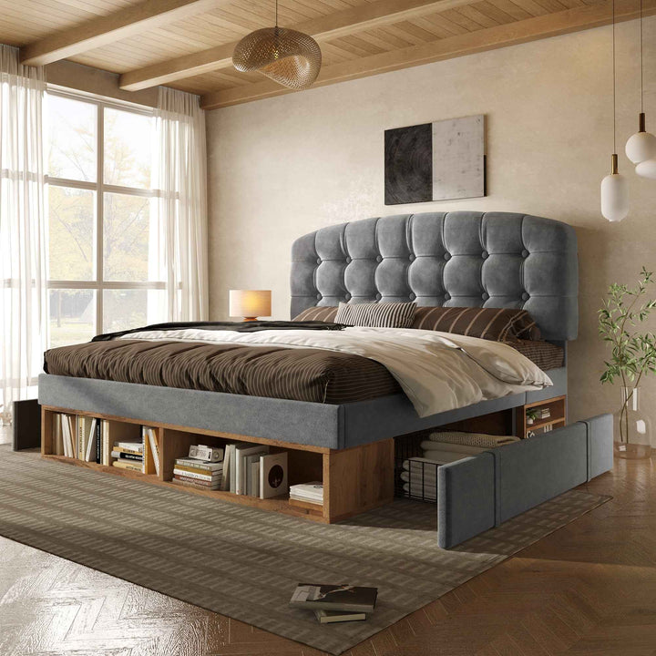 King Size Upholstered Bed Frame with Storage Drawers, Adjustable Velvet Headboard, Grey, 150x200cm, Space-Saving Modern Design for Bedroom