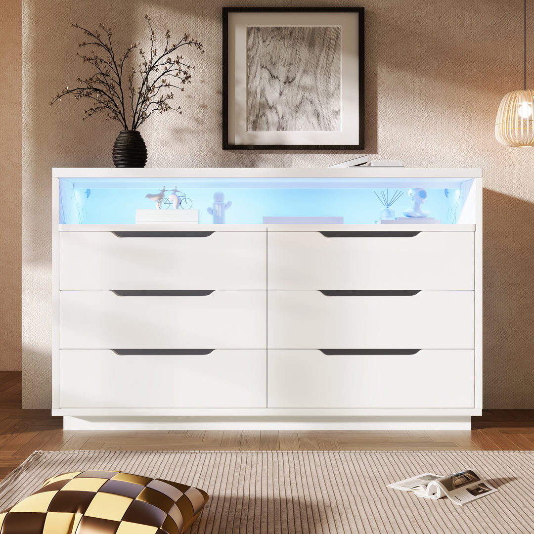 White marbled look 6-drawer sideboard with LED lighting MAGNETOPAUS