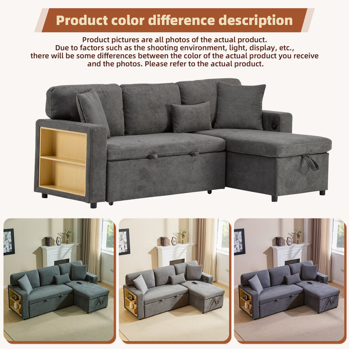 Grey L-shaped corner sofa bed, side shelf with integrated USB and storage VOLATILGAS