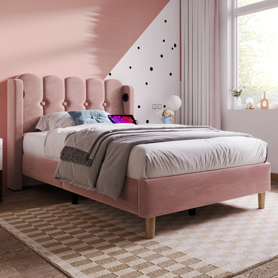 Pink velvet upholstered single divan bed frame with USB charging KRIGIED SINGLE PINK UK
