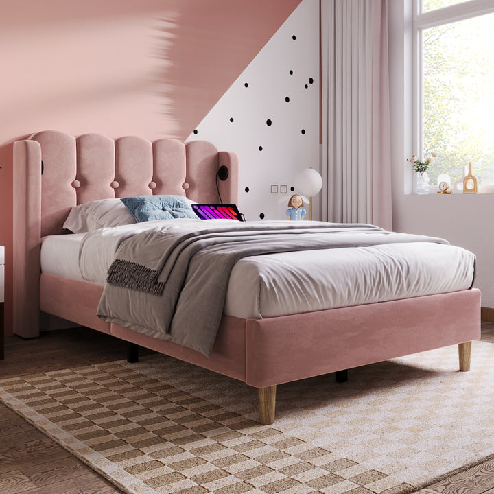 Pink velvet upholstered single divan bed frame with USB charging KRIGIED SINGLE PINK UK