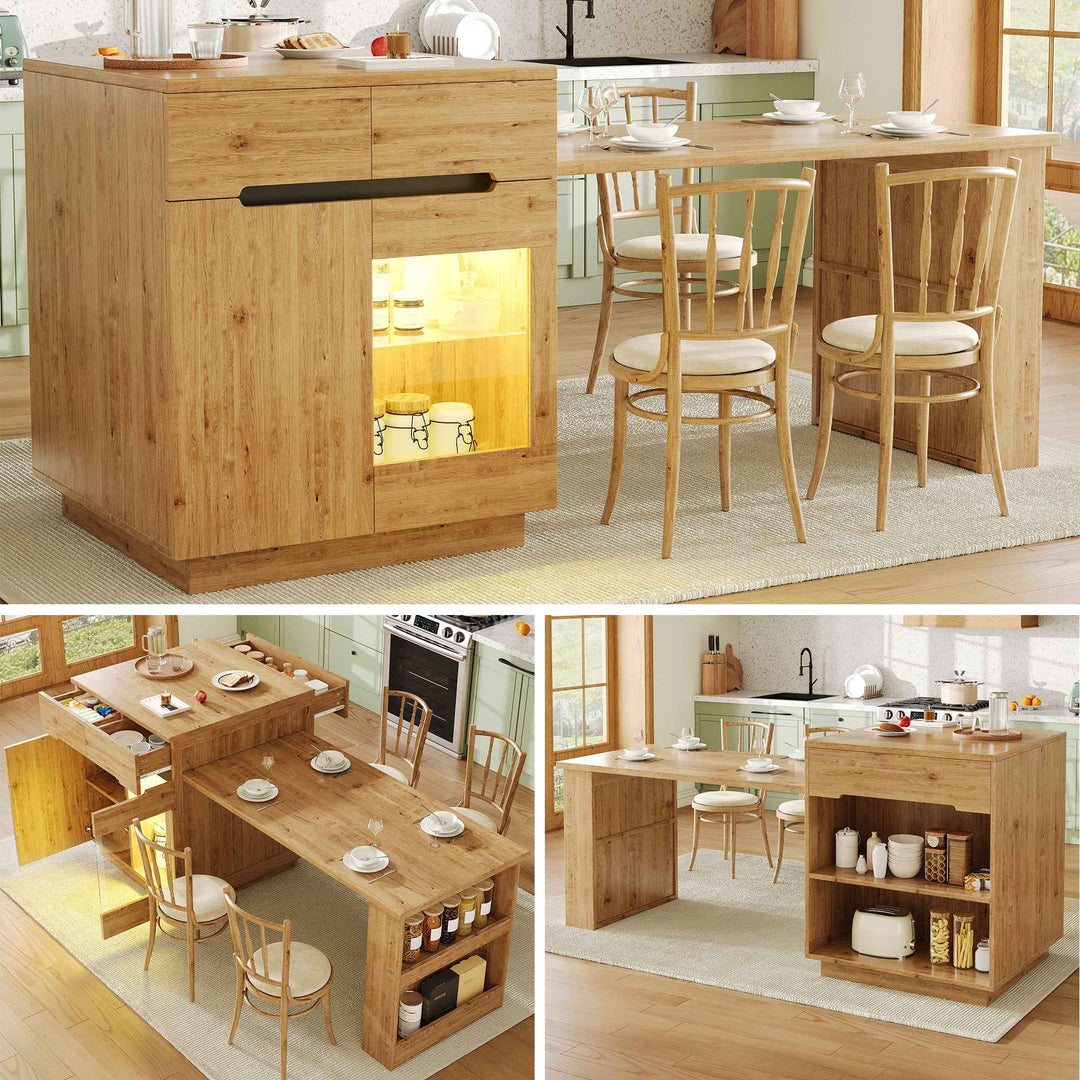 Kitchen island with extendable table, oak effect, LED glass door, 2 drawers INFINITECASC