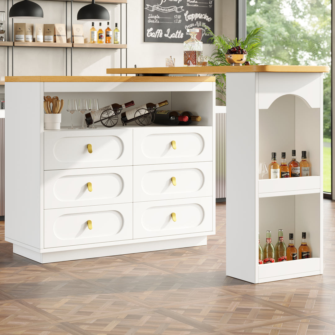 White 360° rotating extendable bar table with 6-drawer storage SYCAMOREBALL