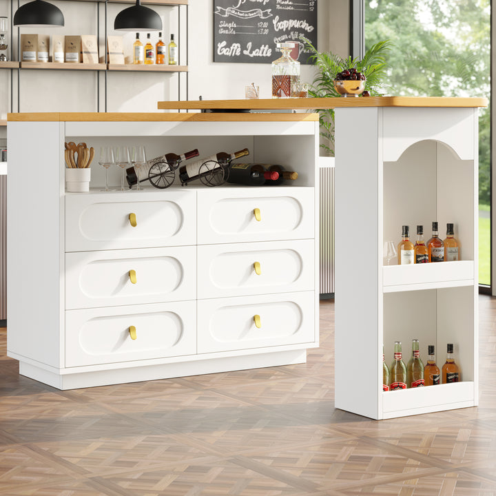 White 360° rotating extendable bar table with 6-drawer storage SYCAMOREBALL