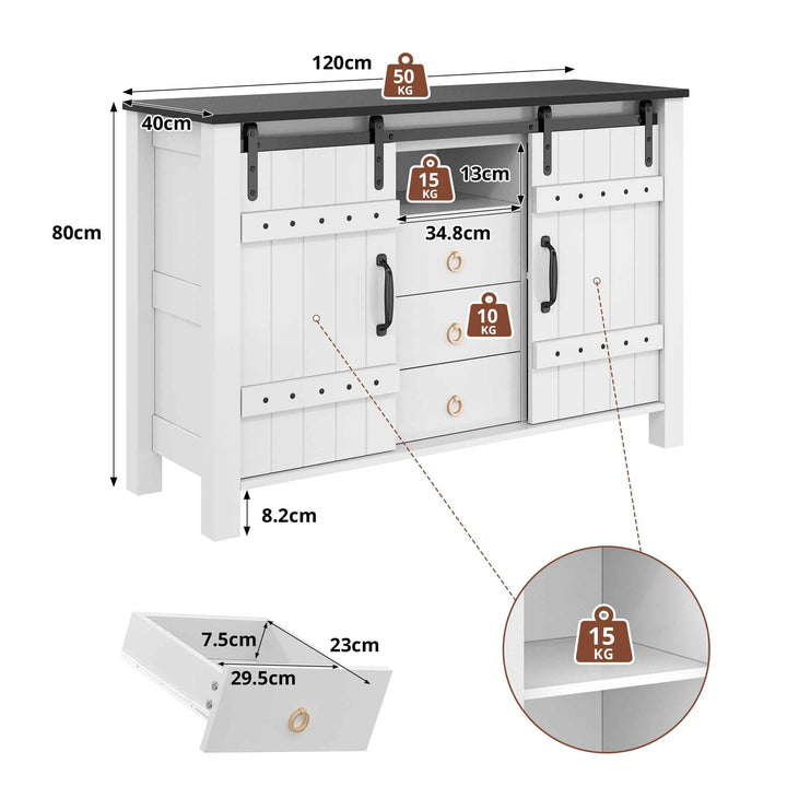 00+Sideboard Cabinet 120cm White with Sliding Doors & 3 Drawers, Rustic Storage Buffet for Kitchen VERTEXLYNX