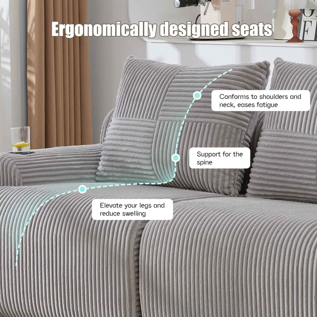 Modular 2-Seater Corduroy Sofa Light Grey, High-Density Foam, Cup Holder & Storage, Vacuum-Packed, Modern for Living Room