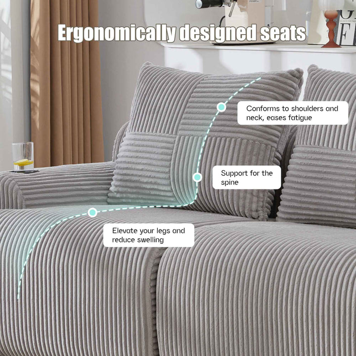 Modular 2-Seater Corduroy Sofa Light Grey, High-Density Foam, Cup Holder & Storage, Vacuum-Packed, Modern for Living Room