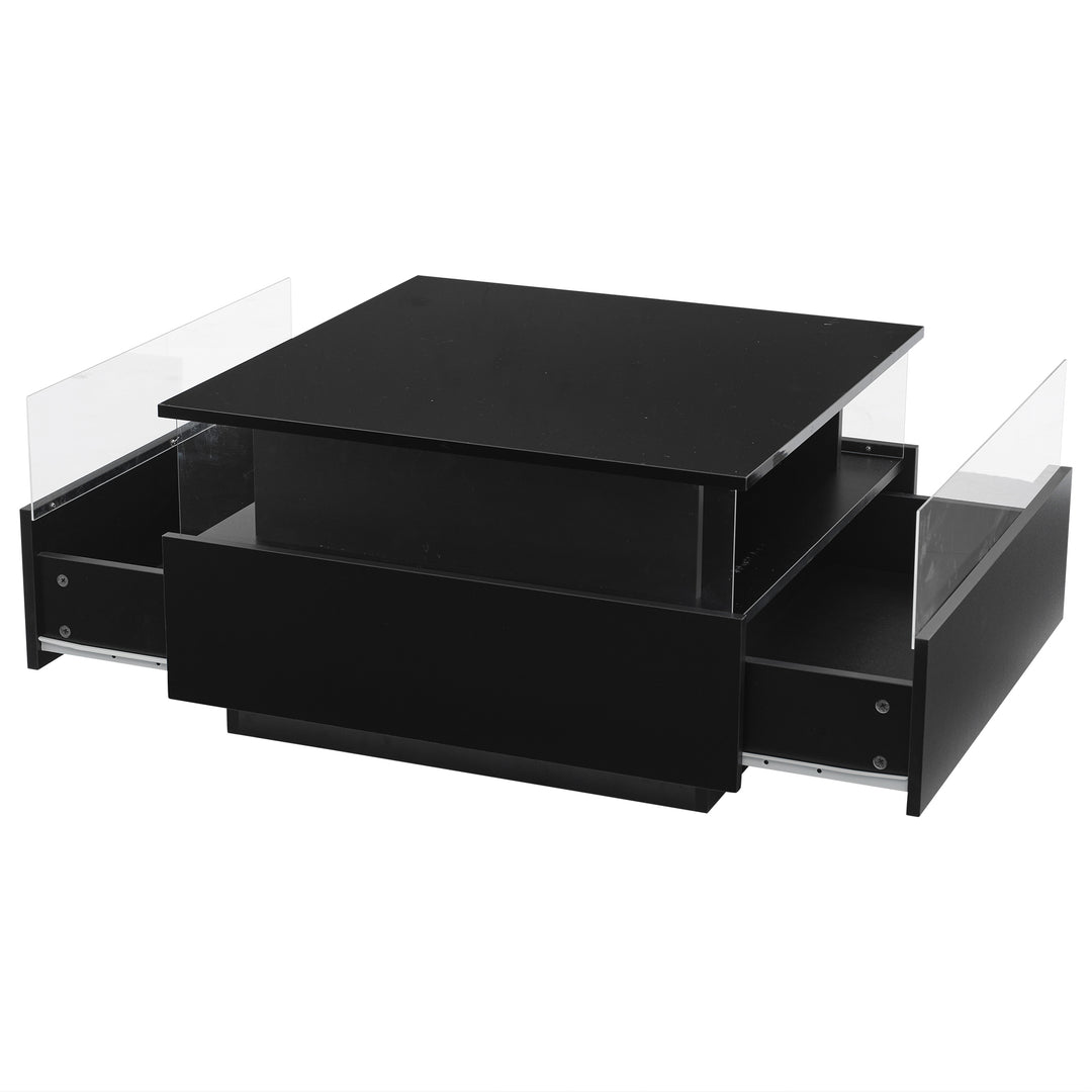 Modern LED light high gloss black square coffee table with 2 drawers THERAPY
