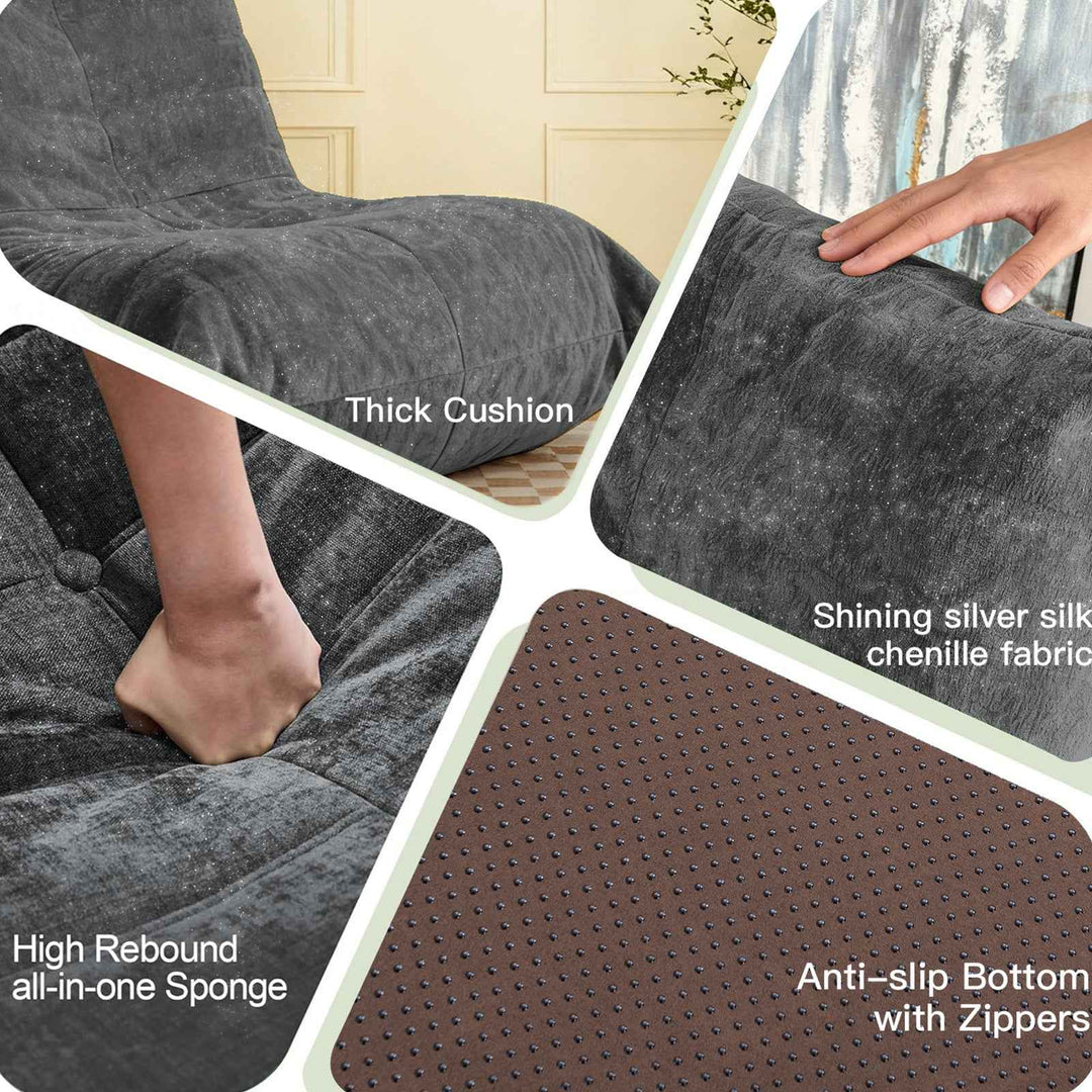 Comfy dark grey chenille bean bag lazy sofa with full-body support & non-slip base CELESTEEN