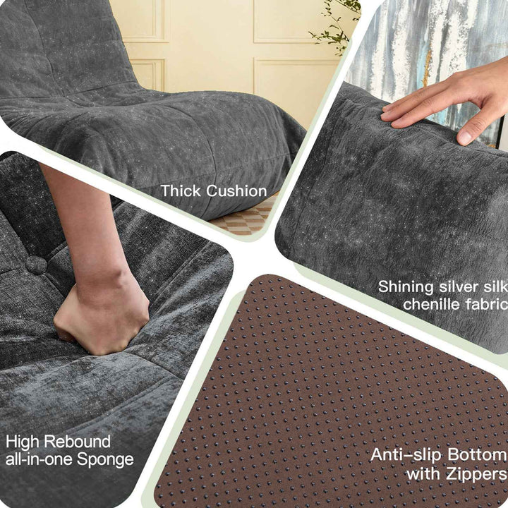 Comfy dark grey chenille bean bag lazy sofa with full-body support & non-slip base CELESTEEN