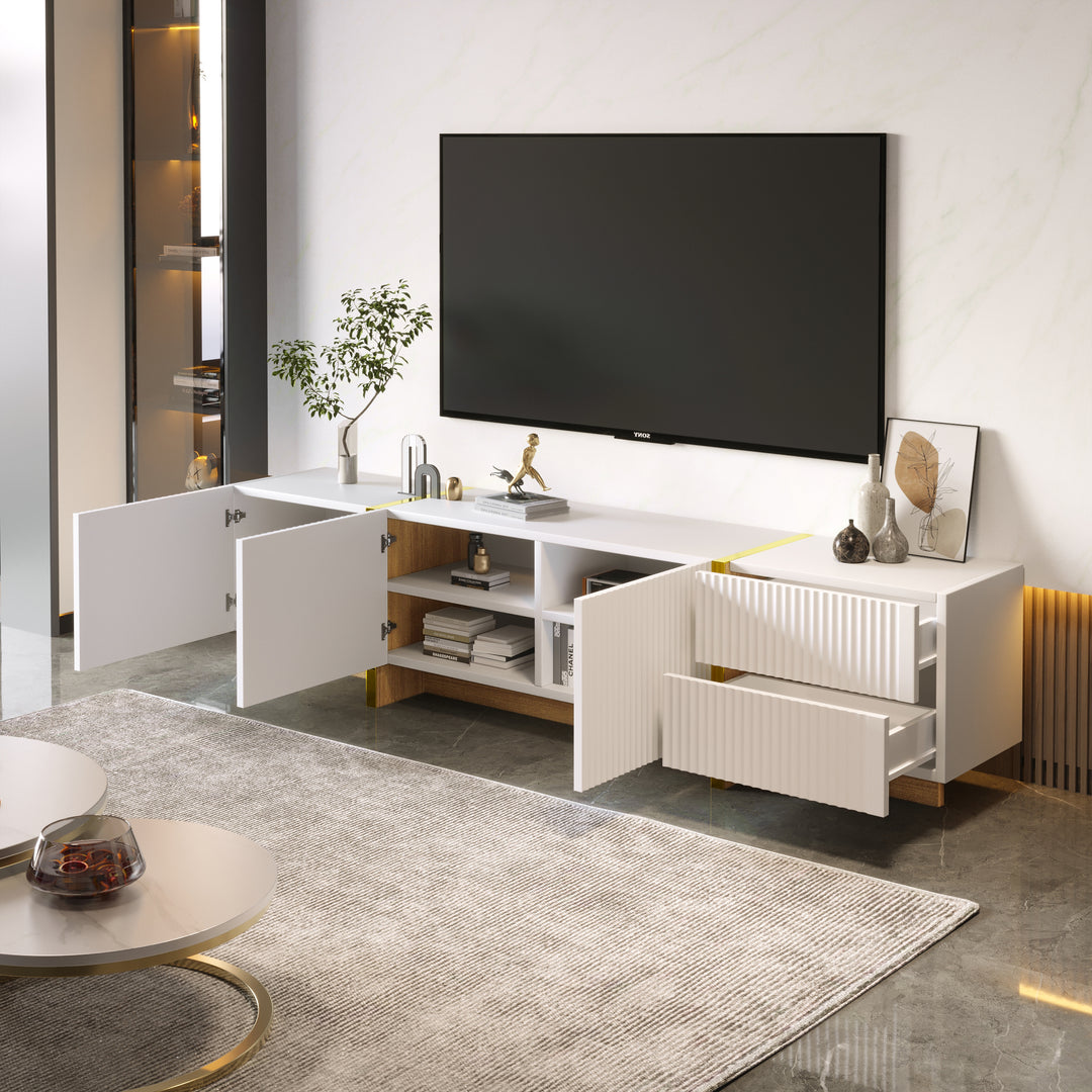 White fluted TV cabinet 3 doors, 2 drawers 190cm gloden accent CONNECTIV