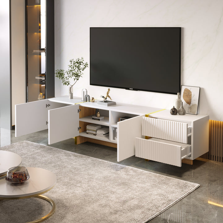 White fluted TV cabinet 3 doors, 2 drawers 190cm gloden accent CONNECTIV