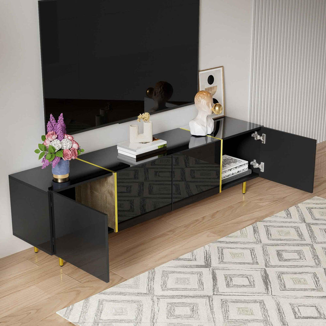 00+缺图 TV Cabinet Modern Style 170 cm Black High-Gloss with 4 Doors Soft-Close Storage URBANSCREEN
