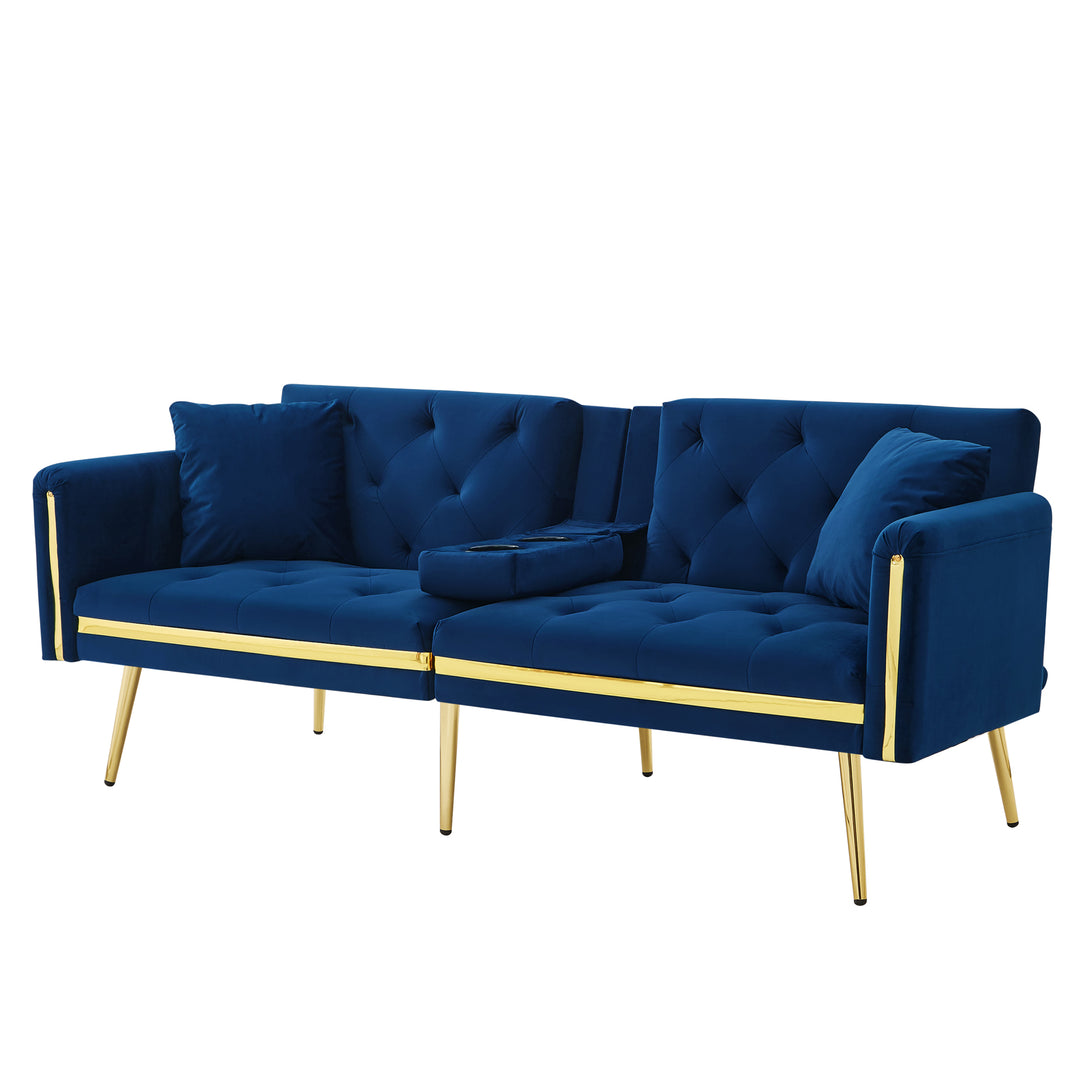 Blue velvet tufted 2-seater sofa bed with gold legs hidden fold-down cup holder FUMAROLEVENT