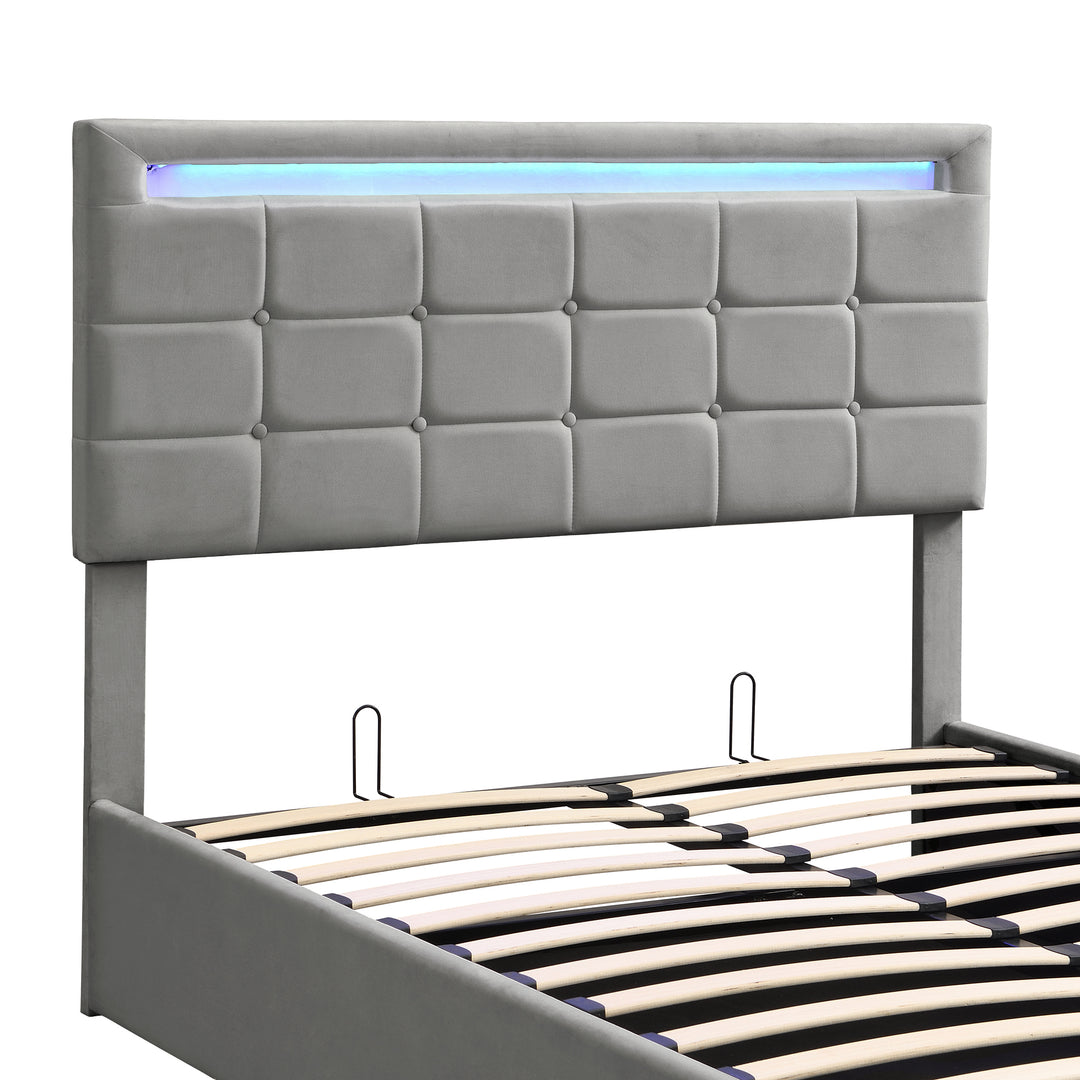 Grey velvet upholstered ottoman double bed with LED lighting (135x190cm) ANHYDROBIO
