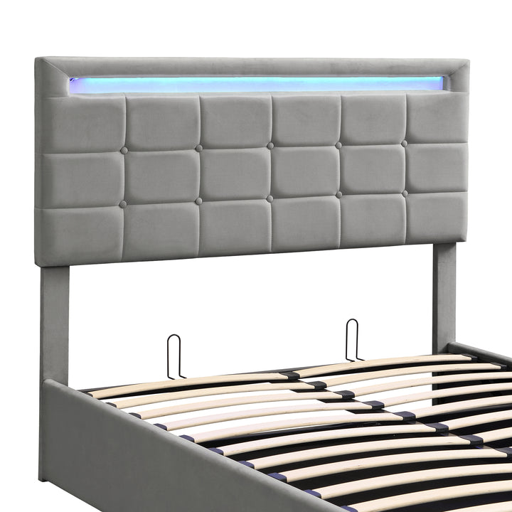 Grey velvet upholstered ottoman double bed with LED lighting (135x190cm) ANHYDROBIO