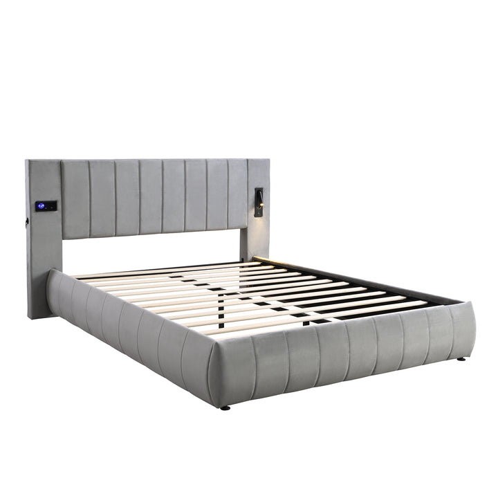 Upholstered velvet grey king bed with sound stereo, lamps and charging ports 150x200cm PNEUMATOPHORE UK