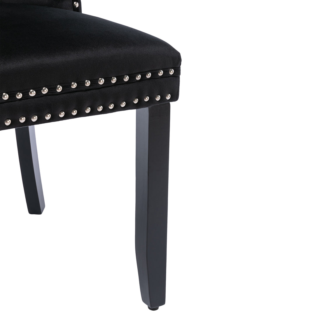 Set of 4 dining chairs velvet black tufted with solid wood legs, nailheads and back chrome ring BREEZEOLOGY