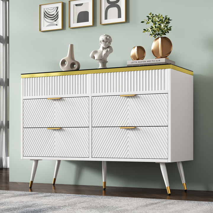 White sideboard dresser with 6 drawers and colored glass golden handles VIGZUN UK