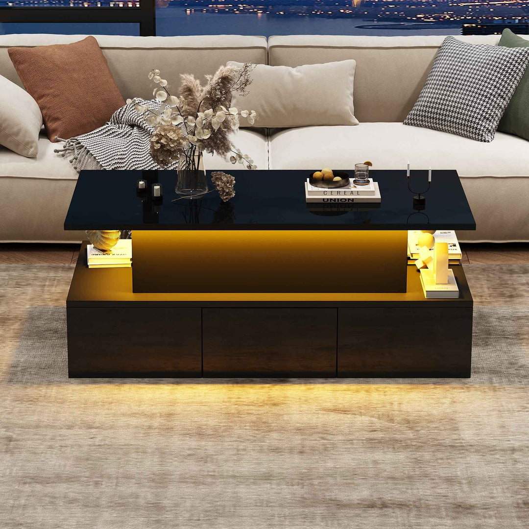 Lift top black high gloss coffee table with 4 drawers and LED lighting INFINITECASCADEE